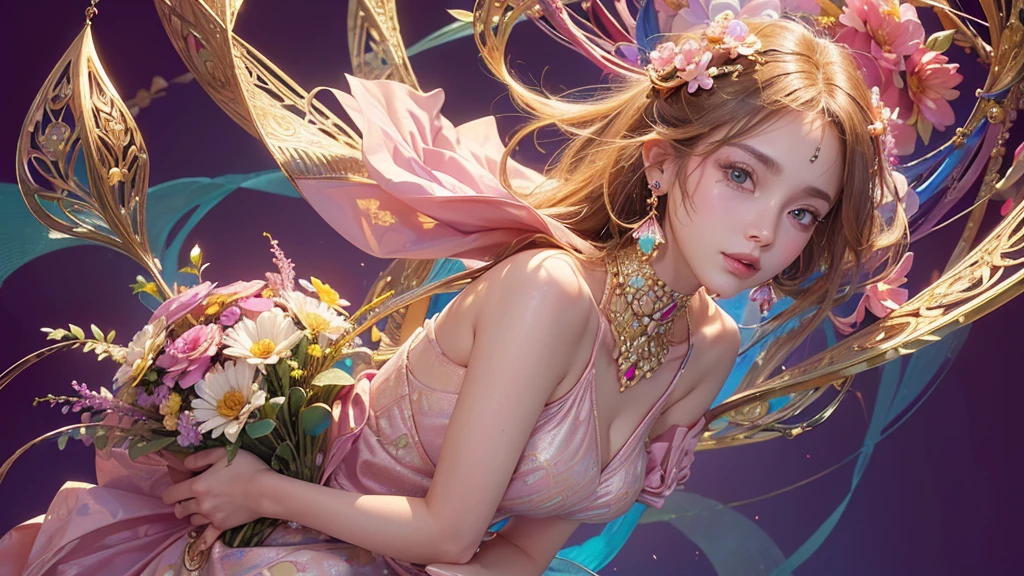 32K, 最高quality, 最高masterpiece, (ultra-Detailed Background, Detailed Background), High resolution, Super detailed, Very detailedな, One girl, (bouquet:1.3), (Tangled:1.2), (Geometric:1.2),(colorful),(masterpiece, quality, best quality, Official Art, Beautiful and beautiful:1.2), (1 girl:1.3), Very detailed,(colorful:1.1)(Flowers:1.3),Most detailed,(Tangled:1.2), whole body, (Abstract background:1.3), (Skin glows), (Many colors:1.4), ,(Earrings Jewelry:1.5), Pink Background,