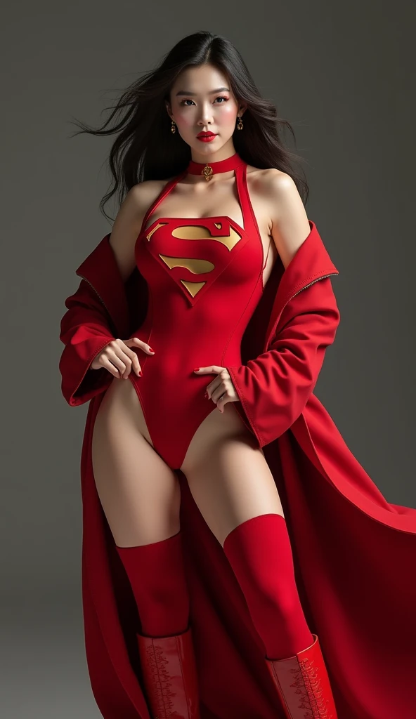 Beautiful curvy Chinese white skin girl, red lips, Red body suit, superman logo, Coat, boots, standing pose at photoshoot, highly detailed, hd, ultra detailed, ray tracing, high resolution, stunning visuals,