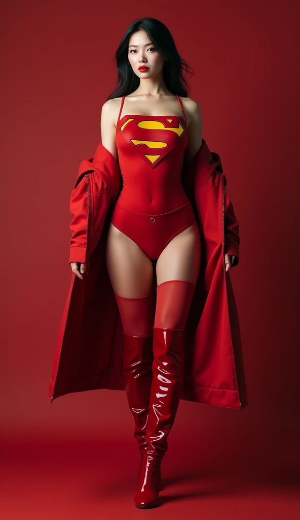 Beautiful curvy Chinese white skin girl, red lips, Red body suit, superman logo, Coat, boots, standing pose at photoshoot, highly detailed, hd, ultra detailed, ray tracing, high resolution, stunning visuals, 