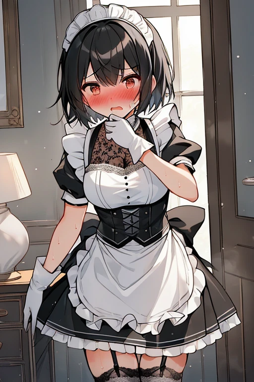 ((( masterpiece, Highest quality))), ((girl)),、Browsing Caution、at close range:1.5、Grab your skirt、、cute、Black Hair、short hair、Low Ponytail、(Lace Maid Clothing、Gloves、garter belt/)、、Life、anger、anger look、anger、((close)), ((Blushed)),,,Sweat、Perfect lighting、Natural light、Perfect composition、Luxurious Room