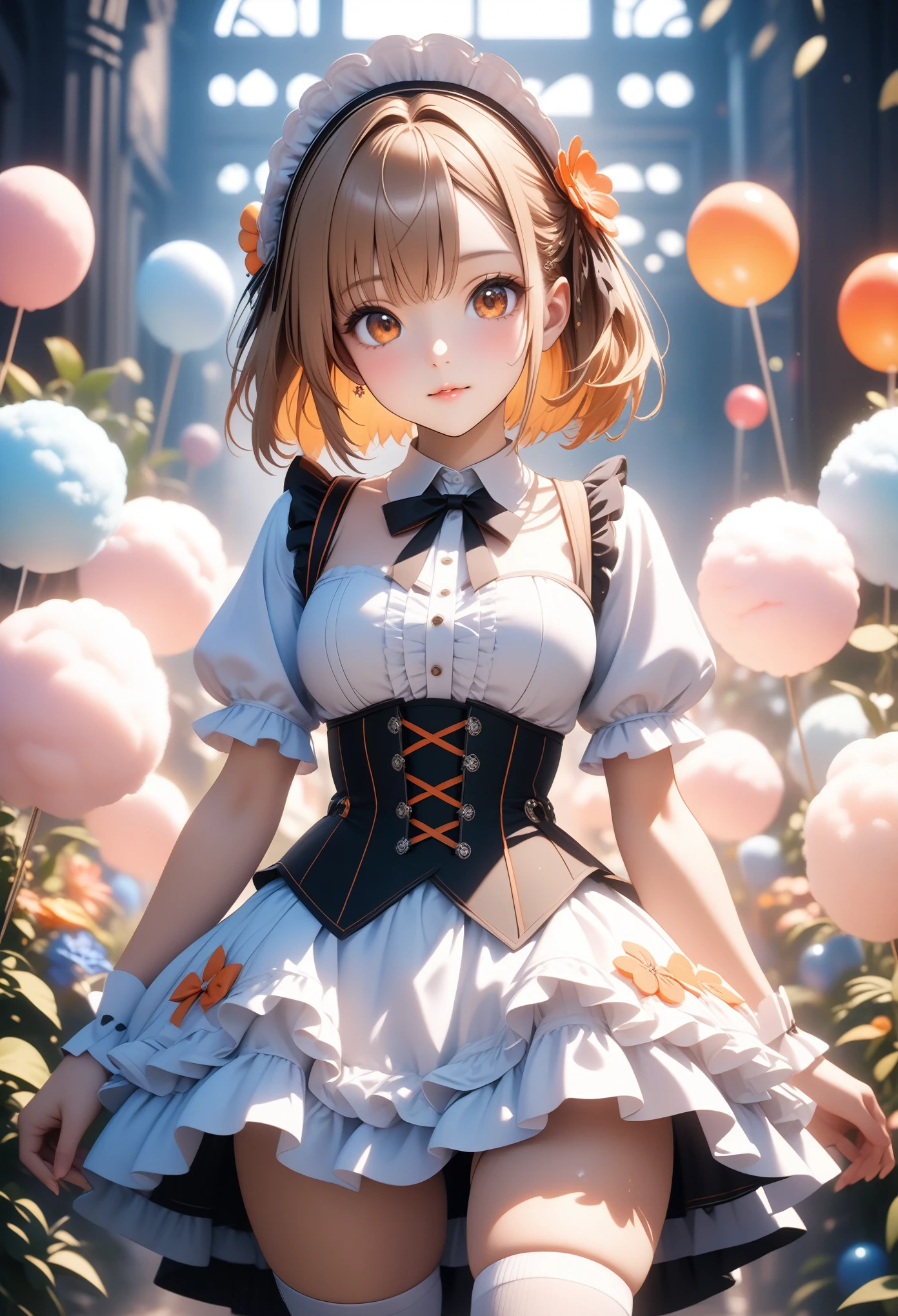 close (((Yuuki Asuna))) ソードartオンラインアニメより, Ethereal, soft, porcelain-like orange hair, Amber Eyes, corset, White tight clothes, Thigh-high socks, Bubble Butt, Starlight, cotton candy, ta Fashion, Thighs, artステーション, trend, Ultra HD, 4K, Detailed anatomy, (Glowing Skin), ((Oily skin)), Dramatic lighting, High Contrast, cute, Skin dents, delicate, 高品質のUnreal Engine 5, cute , hyper realistic style, Detailed face, Floral Accessories, Soft pastel background colors, art:Sakimi-chan, Discovered, Unreal Engine 5, Cinematic, Color Grading, Portrait Photography, Ultra Wide Angle, Depth of written boundary, Ultra-detailed, Beautifully color-coded, Insane Details, Intricate details, Beautiful color gradation, ai-generated,Shiny Costumes, skindentation,