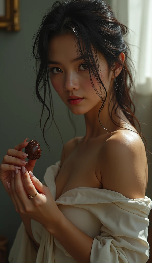 bare shoulder, lady, wears a wet shirt, holding a melting chocolate