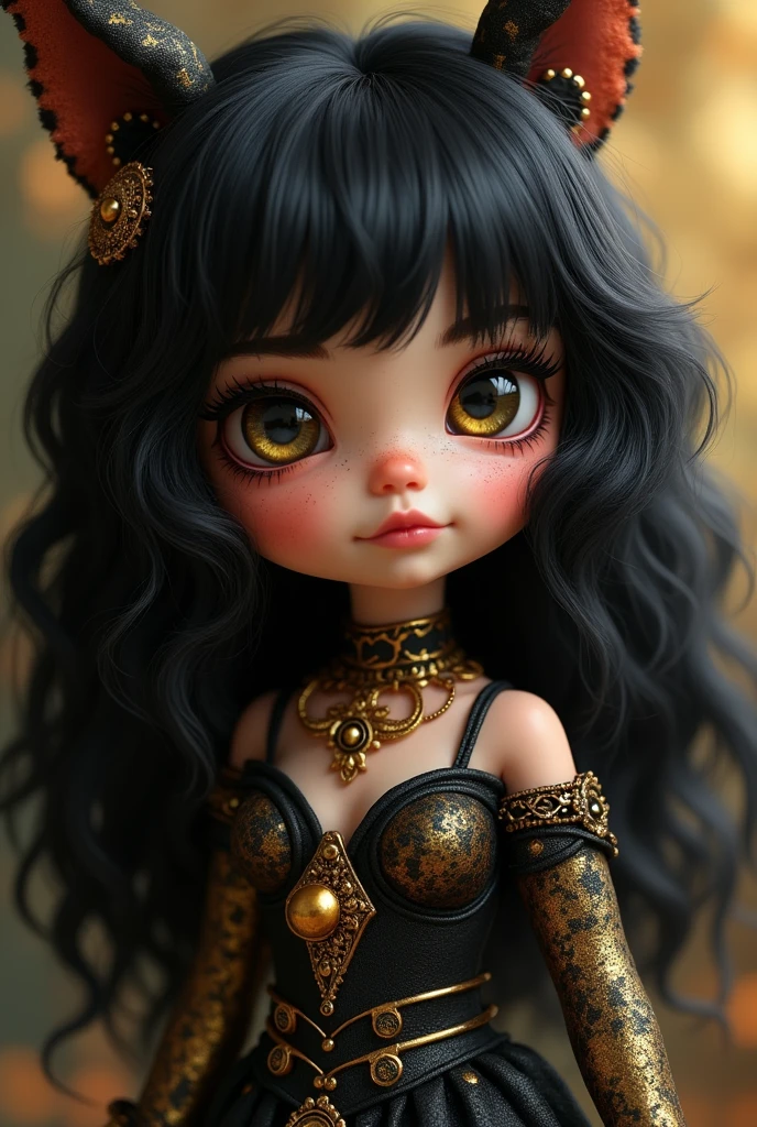 a cartoon doll with dark hair and golden details, I want it to be more childish and dark, something very unique

