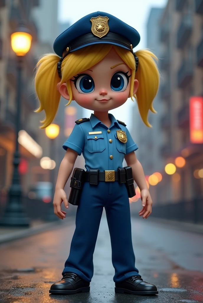 I want Bubbles, the Powerpuff Girls character, wearing a police costume, but not so animated.. Let it look just like it does in the series