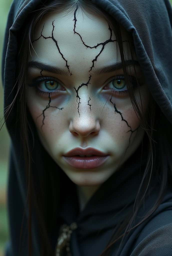 (Woman), ( she is an elf) (HAS BLACK SKIN) (there are cracks all over her skin) (estilo アニメ) , Willow Smith, RPG, Mediovale, witch, Detailed symmetrical face, Extremely detailed illustration, dungeon meshi, アニメ, アニメ de RPG, incredible, fine-details, dramatic lighting, high qualiy.