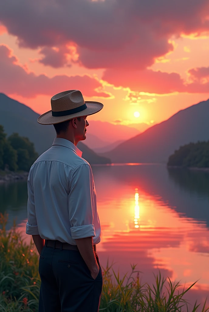 Man dressed in white shirt and black pants with straw hat looking at sunset in front of a lake