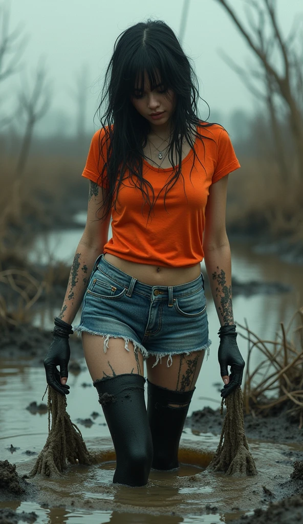 girl in (fetishistic depraved black rubber stockings) and denim cut-offs and colored t-shirt stuck in bog