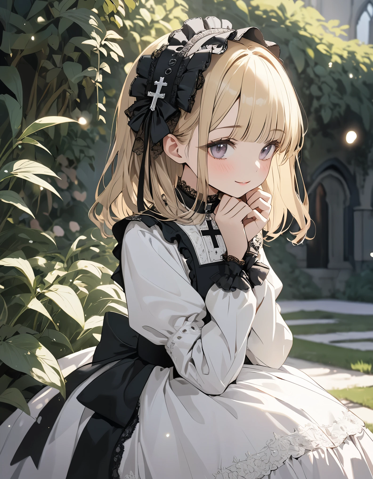 ((Masterpiece)), ((best quality)), (super detail:1.2), (High Definition:1.3), ((extremely detailed)), (flat color), (flat shading), (8K), (Professional Photography:1.2), (very aesthetic:1.2), (absurdres:1.2), (sharp focus), (perfect light), ((kawaii)), (drop shadow), profile, (wide shot), ((12 years old)), ((1 princess)), Textured skin, ((medium hair)), ((Beautiful Gothic Lolita white Dresses)), (very hoop-dress), ((Luxury cross motif embroidery)), (intricate lace details), Victorian-style collar, cute innocent young girl, BREAK, ((loose blunt bangs)), ((put on mini silk hat)), Slender body, small chest, (silky blond hair), (cute makeup), cute cheeks, glossy lips, pouty lips, bags under the eyes, (lower eyelashes), beautiful hair, ((naughty smile)), blush, Light particles, ((place hands on cheeks)), mysterious and elegant, (in the Beautiful Dreamy garden), (detailed background:1.2), newest, gothic lolita,gothic,