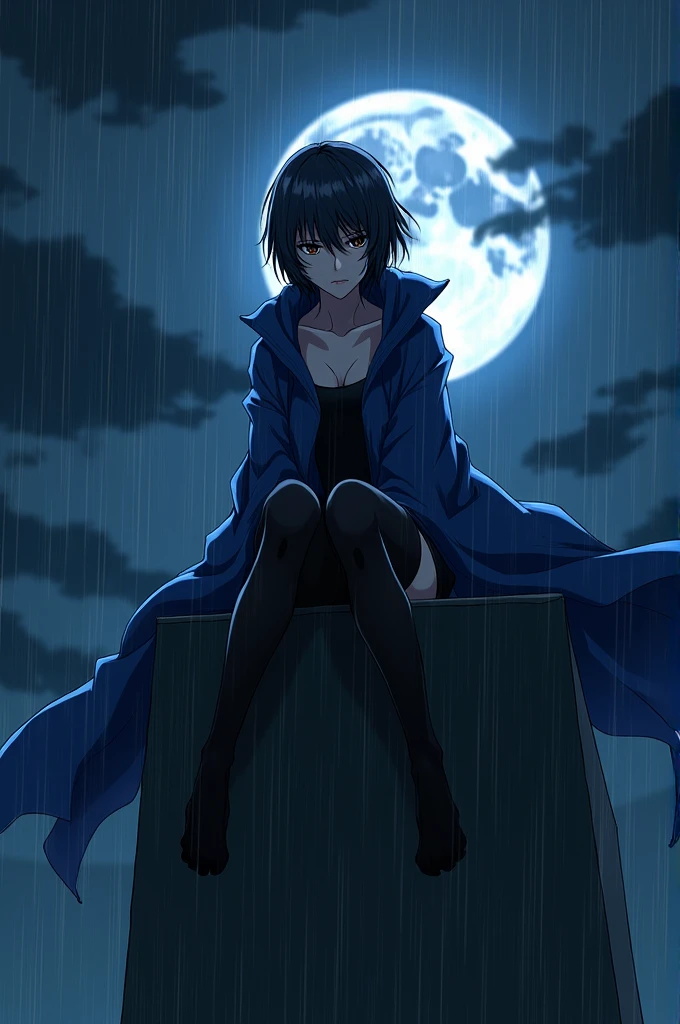 create an image of an anime woman sitting on top of a building, with a sadic expression on her face, short hair hiding her eyes and an long blue akatsuki clothe and a pair of black stockings completely covering your legs, under the heavy rain and a full moon 