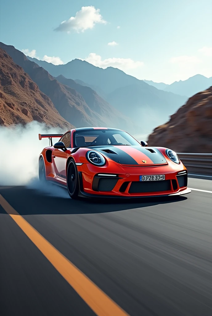 Generate a Porsche GT3 RS vehicle with a turbo in plain sight doing drifts