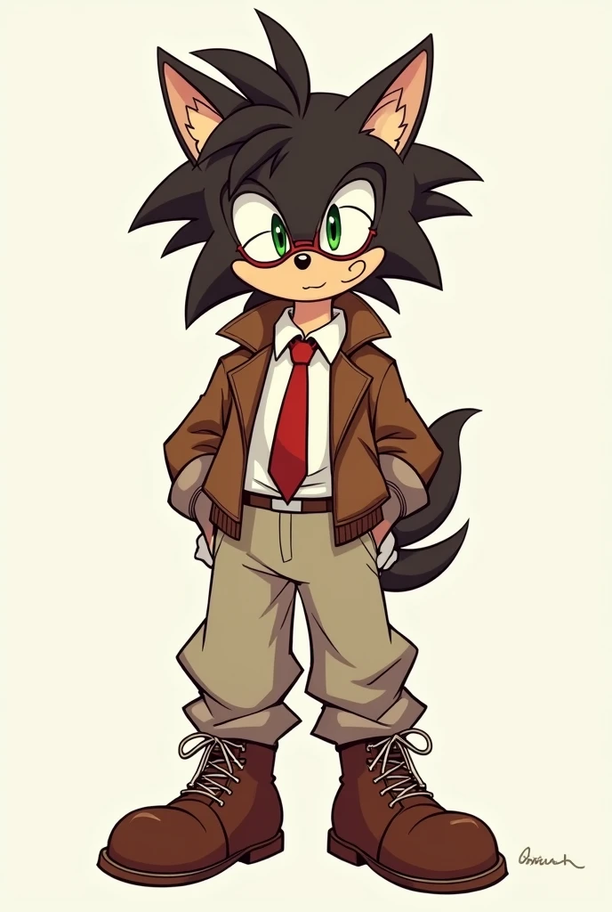 Sonic IDW Art style. Short dark-brown wolf. skin colored muzzle. Spiky hair. Brown jacket. White shirt with red tie. Pale baggy pants. Brown boots with shoe laces. Has round glasses. Green eyes.Devious but approachable look. High quality.