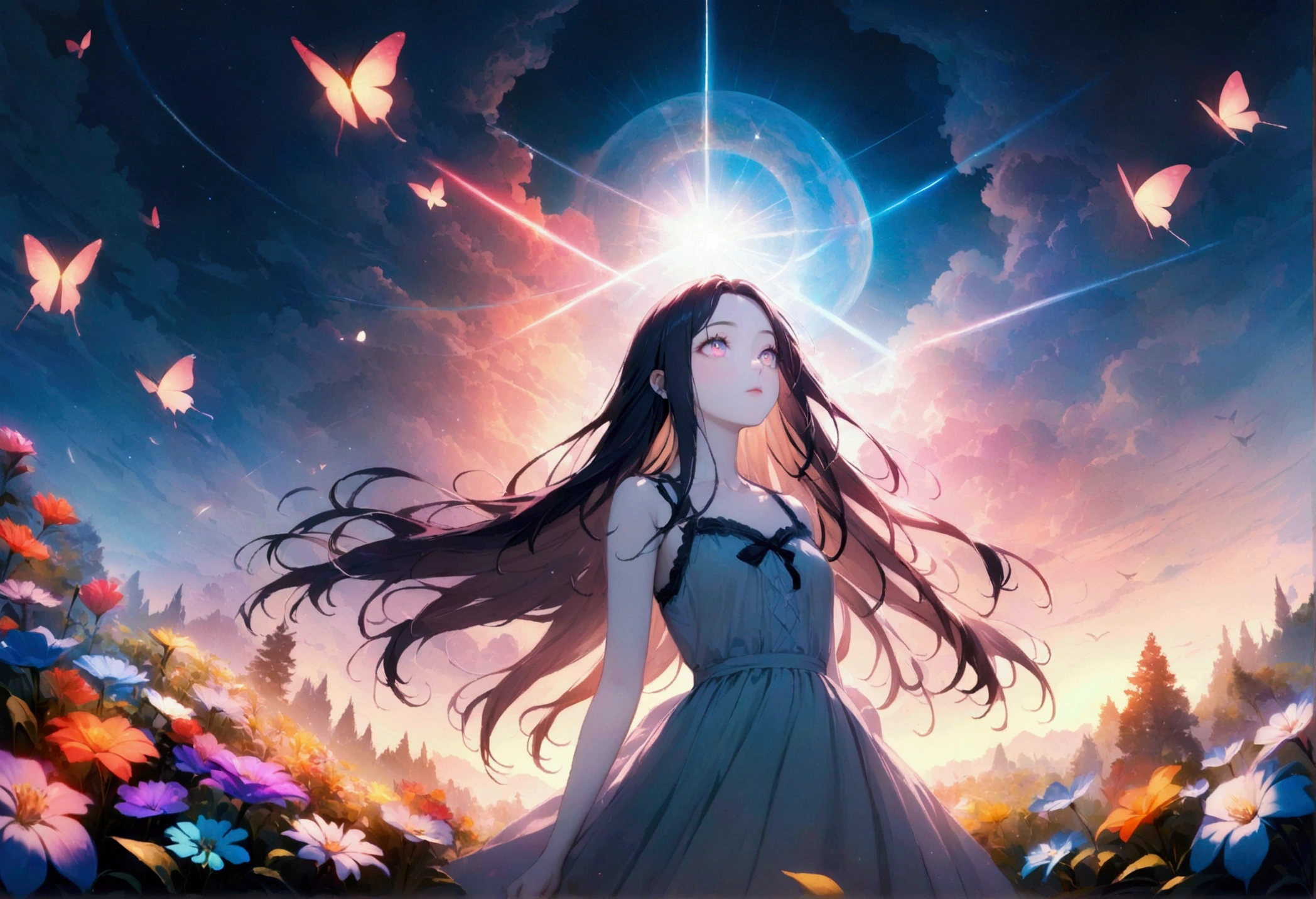 (woman\(student, 15 years old, JK, Long Hair, Colorful eyes, Pale skin,) Looking up at the sky), (Many butterflies flying in the sky), Beautiful sky, summer,Colorful flowers are blooming everywhere, Mysterious and dreamy ,Giant Tree,quality\(8k,CG wallpaper, masterpiece,High resolution,top-quality,Surrealism,Increased resolution,RAW Photos,Best quality,Very detailed,Light,Ray Tracing,Golden Ratio)
