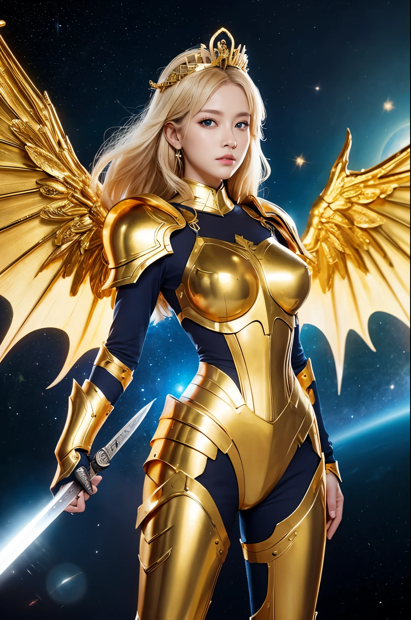 Ultra HD、Ultra-clear、Beautiful Face、Covered entirely in golden armor、Holy warrior in golden armor、Mechanical Golden Wings、Golden Tiara、Golden armor covered in sculptures、Dragon-inspired armor、Heavy golden armor、blue eyes、Blonde short、Big Breasts、beautiful sword、Outer space background、
