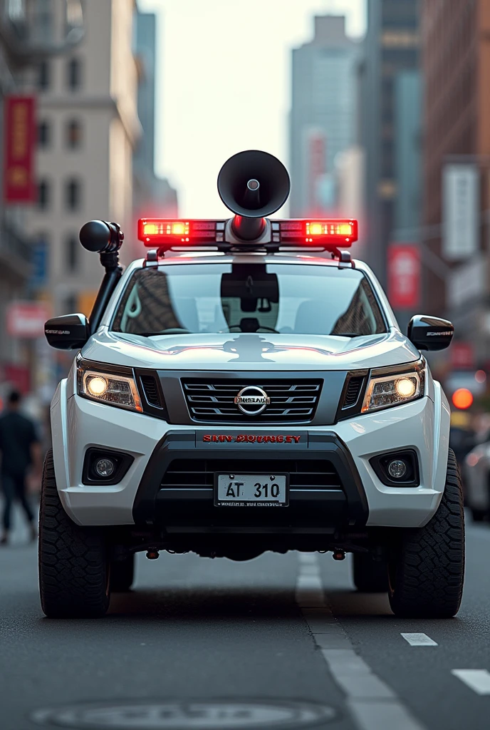 White Nissan Frontier pickup truck with giant megaphone and police light on the windshield

