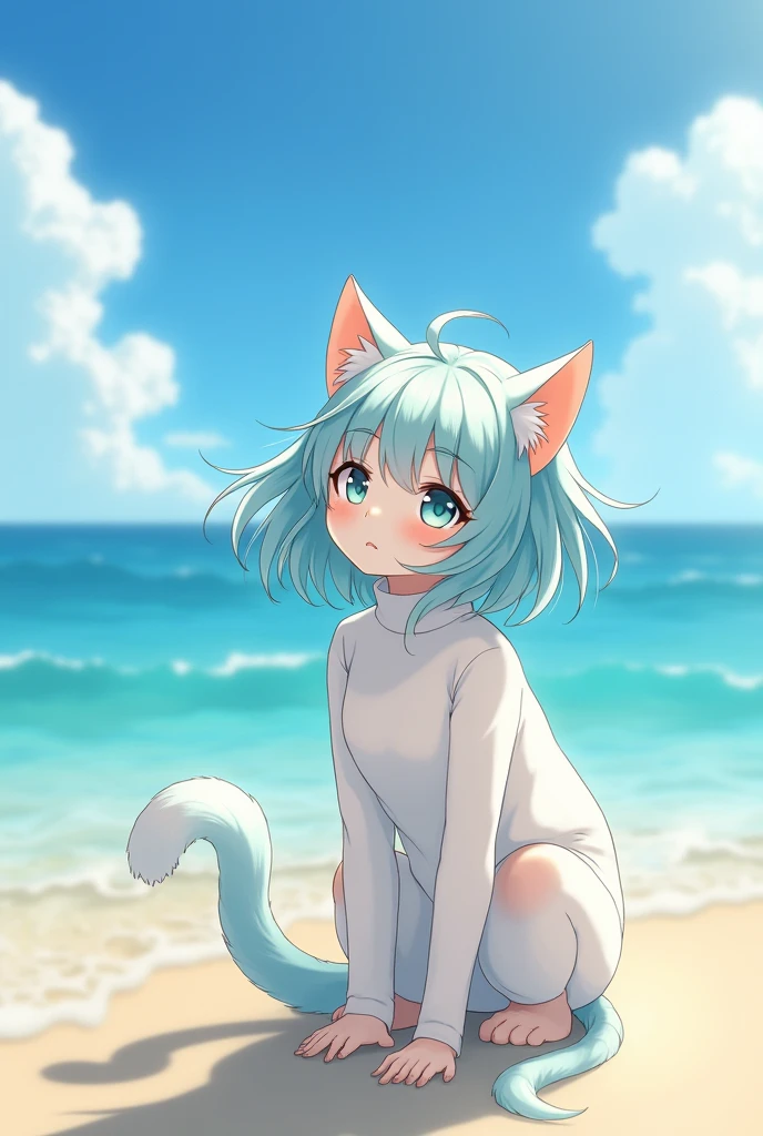 A Neko girl At 18 years old on the beach with a cyan hair