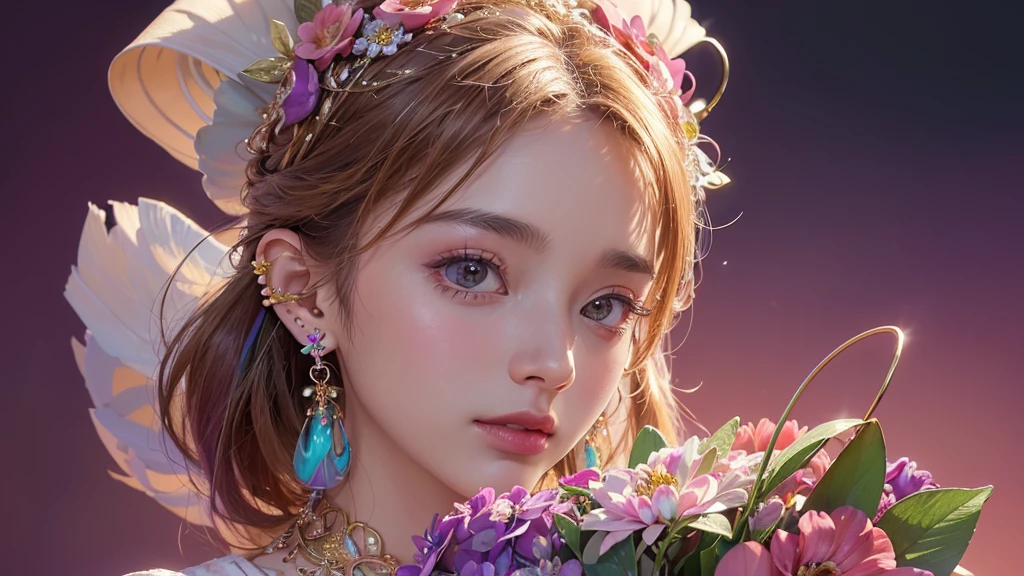 32K, 最高quality, 最高masterpiece, (ultra-Detailed Background, Detailed Background), High resolution, Super detailed, Very detailedな, One girl, (bouquet:1.3), (Tangled:1.2), (Geometric:1.2),(colorful),(masterpiece, quality, best quality, Official Art, Beautiful and beautiful:1.2), (1 girl:1.3), Very detailed,(colorful:1.1)(Flowers:1.3),Most detailed,(Tangled:1.2), whole body, (Abstract background:1.3), (Skin glows), (Many colors:1.4), ,(Earrings Jewelry:1.5), Pink Background,
