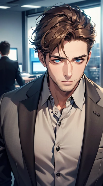 (best quality,4k,8k,highres,masterpiece:1.2),ultra-detailed,(realistic,photorealistic,photo-realistic:1.37),1 man,31 years old,mature man,very handsome,without expression,smile,short grey brown hair,blue eyes,penetrating gaze,perfect face without errors,imposing posture,businessman,office background,cinematic lighting,hdr image