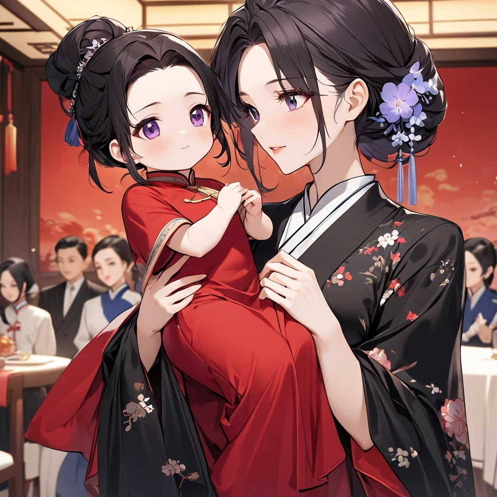 ((Highest quality)), ((masterpiece)), (detailed), （Perfect Face）、The woman is a Chinese woman named Kocho Shinobu.。, Purple gradient bob black hair and formal evening hairstyles. 彼Women are婚約指輪をはめている. 彼Women are権威ある中国???員であり、She is the honored wife of a great old ??????????????? cadre.、The woman is beautifully dressed in a gorgeous and glamorous vintage red cheongsam, typical of the ???????????????????????.、An elegant Chinese lady in a posh room、Women are夫を愛して尽くす良妻賢母の素晴らしい中国人貴婦人で夫と中国に尽くす事が至上の喜びの中国???絶対主義、Women are８児の母で愛する???員の夫との間に生まれた多くの子供たちに寄り添われて囲まれている幸せな大家族の一家団欒でWomen are９She is carrying a child inside her