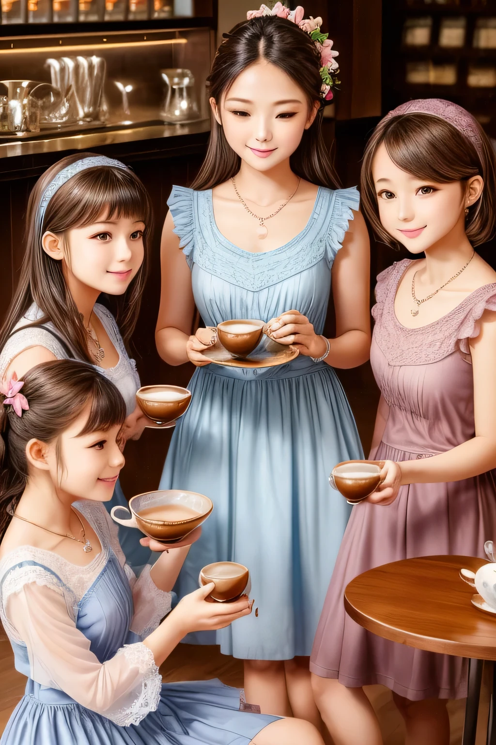 Highest quality、High resolution、Detailed Background、(Beautiful face in every detail:1.4)、Anatomically correct、(Detailed facial expressions)、Detailed eyes、Teenage beauty、(Three Women)、Highly detailed face、cute hair color、ponytail、Braided bob cut、Wavy Hairstyle、well-groomed eyebrows、Calm atmosphere、Happy expression、Cute Cafe、

(Three girls enjoying tea time at a coffee shop:1.5)、

Flared silhouette dress、Camisole dress with frills and lace、A-line dress with ribbon and flower motif、pink、Pastel Blue、Soft colors such as lavender、A clean base color such as white、
Ribbon and flower hair accessories、Pearl and jewel necklaces、bracelet、Lace bag、Pumps with ribbon、Suede or velvet short boots、cute