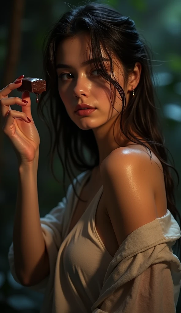 (Lying down pose, front view: 1.4), (full body photo: 1.4), RAW UHD portrait photo of a woman, (serious face: 1.2) (Black curly hair: 1.0), (Large Breasts: 1.5), (mysterious expression: 1.4), (Large Red Dress), Background is Forest, glossy Brown eyes with high detail, (perfect anatomy: 1.5), (dusk time: 1.5), (cool light mood and tone: 1.5), (medium light: 1.6).
