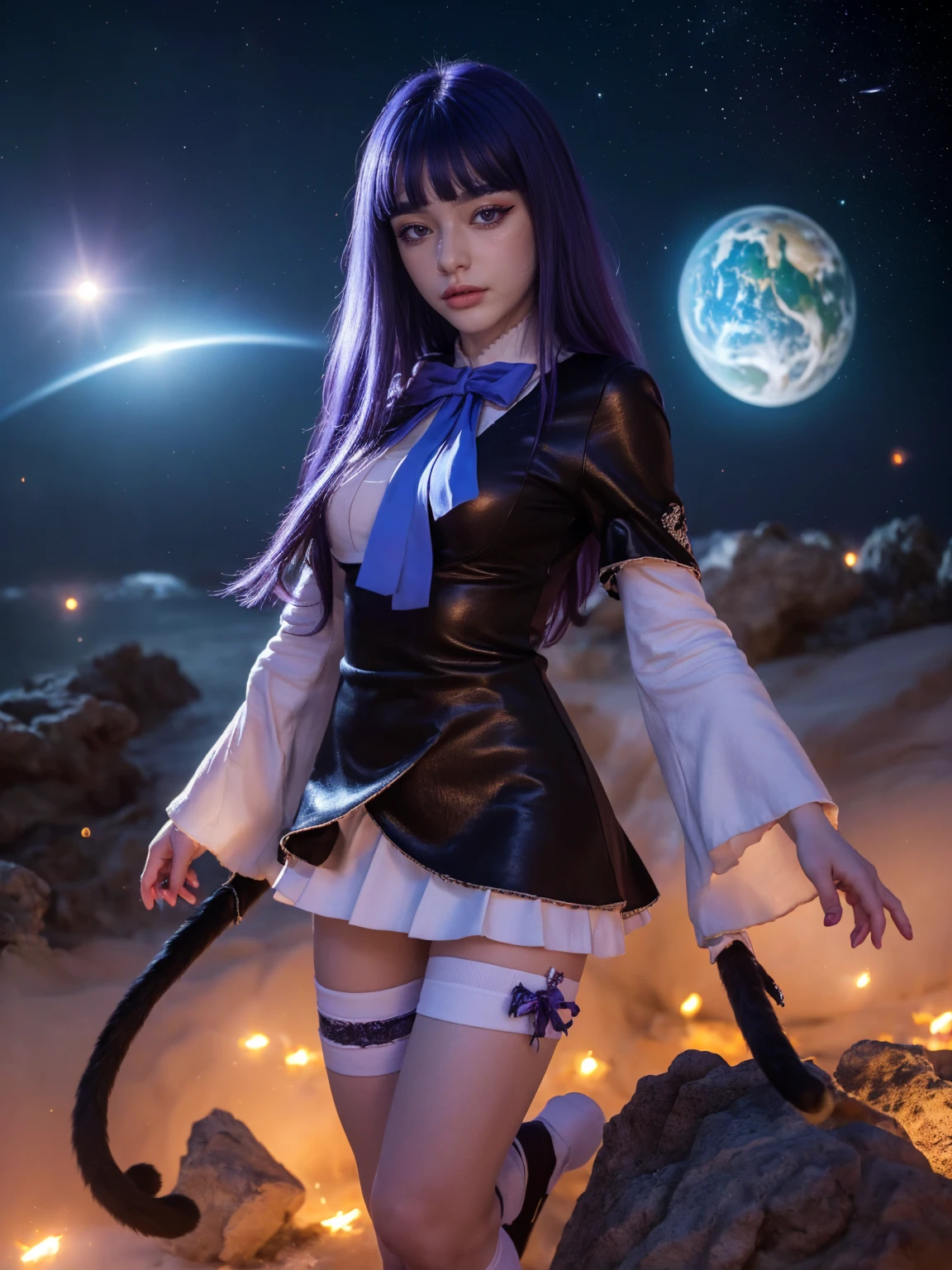 (1 lady), (Best quality at best:1.4), (ultra - detailed), (extremely detailed CG unified 16k), A Beautiful Woman with Perfect Figure: 1.4, Sharp Focus: 1.2, purple hair, very detailed, High-definition RAW color photo, professional photoshooting, amazing face and eyes, cosmetics, (amazingly beautiful girl), ((frederica bernkastel)), NOT Dasha Taran, ((exact clothes: dress, bowtie, mary janes, socks, cat tail, tail bow, tail ornament)), levitating in a cute posture, (floating in space), (She's levitating in a cosmic sea, outer space:1.3, quantum hyperspace room lacking walls, hyperspace chamber, extremely detailed background, a lot of details background, realistic background), (look from down), realistic cinematic face, head to feet long wide zoomed out view, full body long view, photorealistic, ((realistic natural purple hair style, purple eyes)), gorgeous, extremely beautiful face, perfect model beauty, pout mouth, Highly Detailed Face and Skin Texture, Detailed Eyes, Double Eyelids, Big Breasts, Expressionless, (masterpiece), best quality, high resolution, extremely detailed, cinematic lighting, amazing legs, high heels, clear and well-cared skin, pale skin