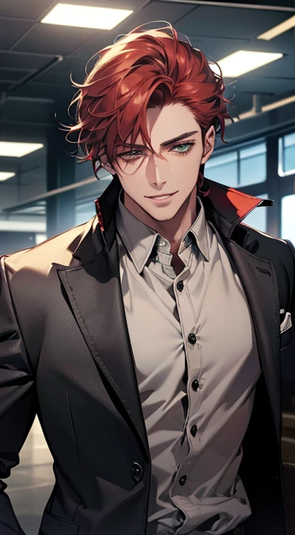 (best quality, masterpiece, 8K, photorealistic, cinematic lighting, hdr image, ultra detailed, beautiful image), a mature man, very handsome, smile, short grey red hair, green eyes, perfect face without errors, ((buttoning the jacket, CEO))