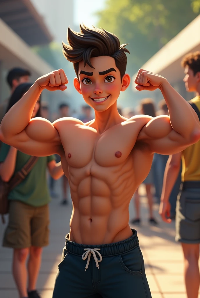 guy with slightly strong body and nice hair cut with sharp jaw line and he is clutching his biceps. people look at him as he shows his body