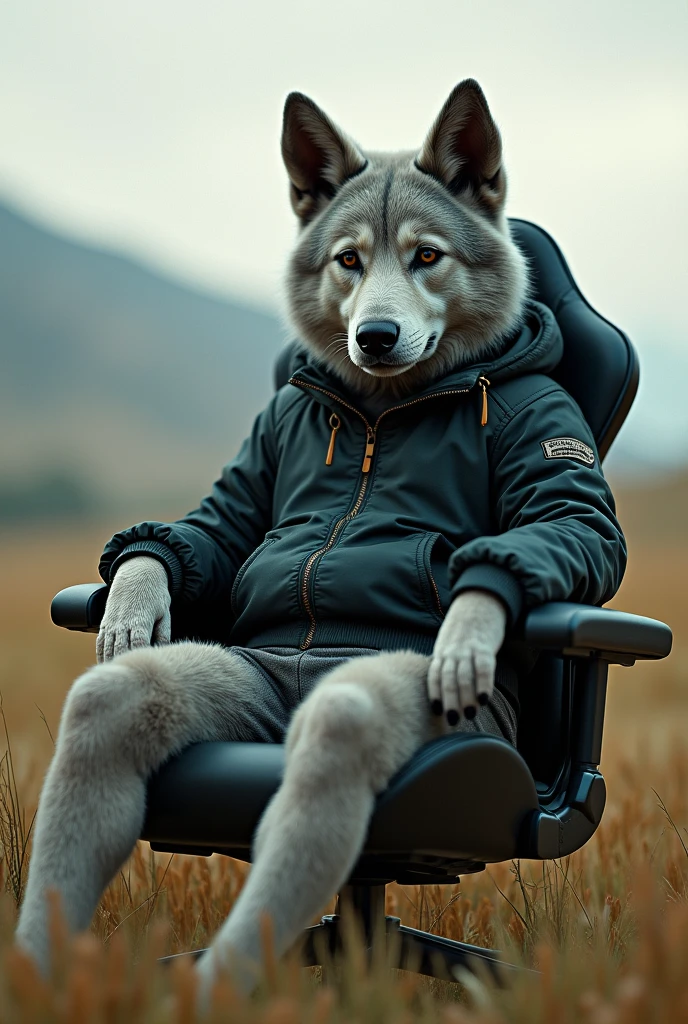 A humanoid dog in a black and light green jacket, with gray fur and black nose, sentado em uma cadeira gamer, image in landscape mode