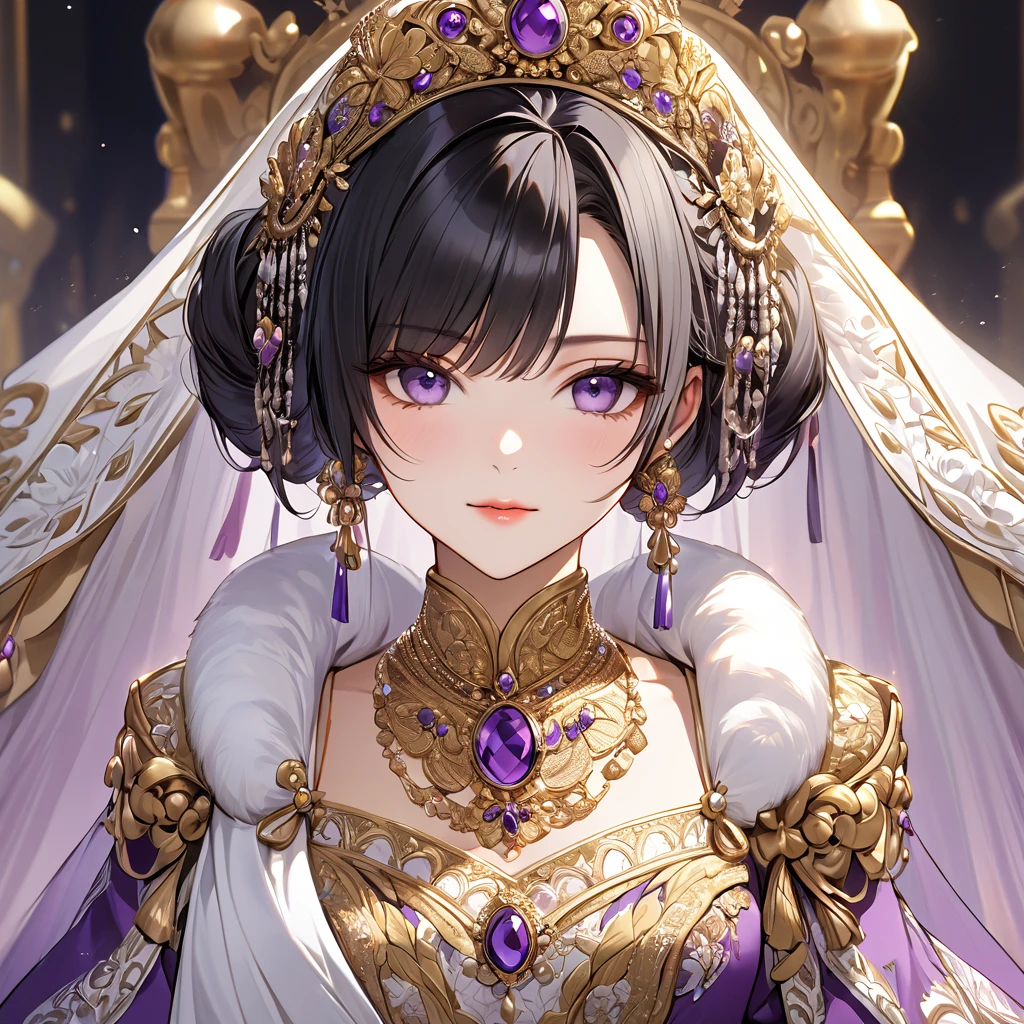 ((Highest quality)), ((masterpiece)), (detailed), (Perfect Face)、The woman is Shinobu Kocho, a Russian with black hair with purple gradient ends, tied in a bob hairstyle, an elegant, graceful and beautiful Russian noblewoman, and the Empress of the Great Russian Empire.、The woman is beautifully dressed in a gorgeous, glittering gold-colored Russian coronation dress worn by an ancient Russian empress, as well as luxurious accessories and a kokoshnik.