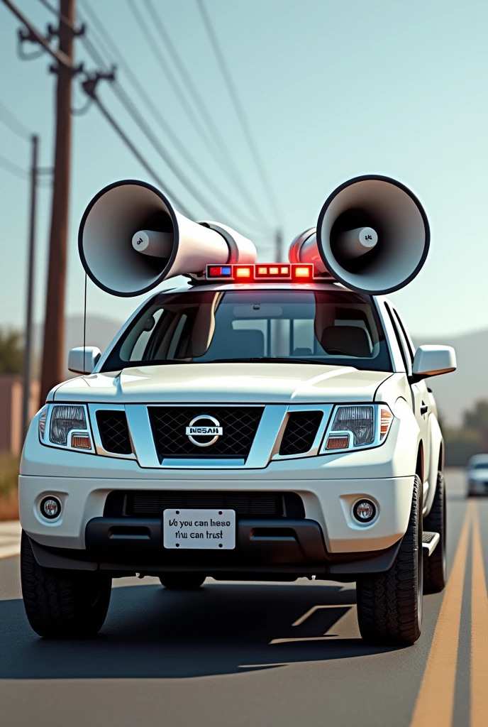 White Nissan Frontier pickup truck with giant megaphone and police light on the windshield and the license plate says: you can trust