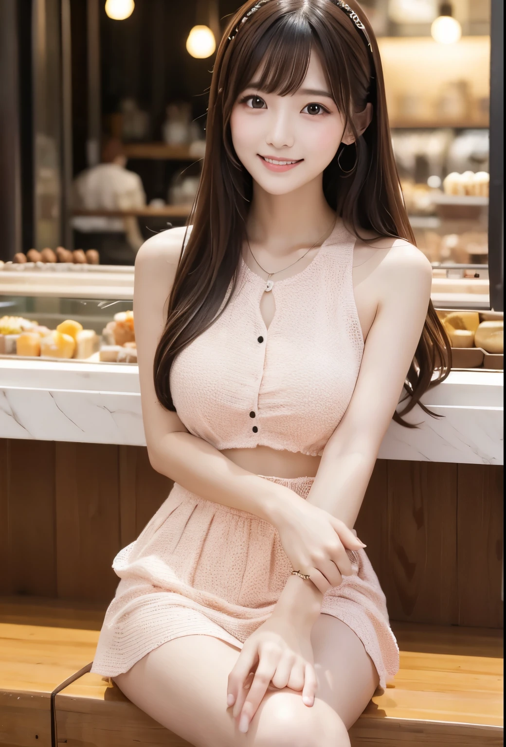 masterpiece、Highest quality、whole body、One Girl、bangs、Japanese、黒髪のLong Hair、Long Hair、Gazing at the audience、Dot pattern、Tank top、Cafe、Chair、smile、alone、Stylish woman、Pastel colored outfits、front、Luxury background elements、Confident expression、Modern and trendy、Fashion focused