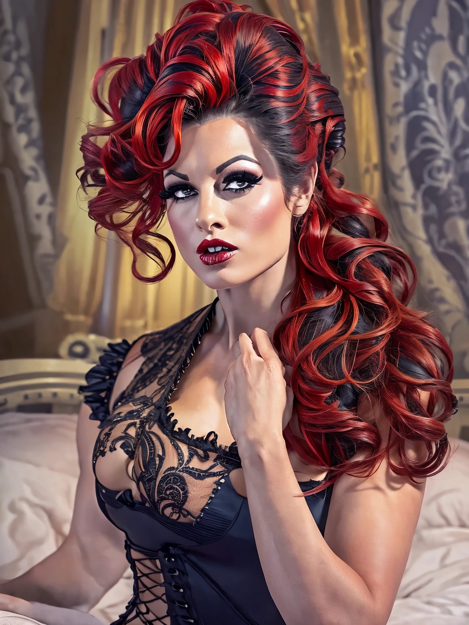 (1960s \(style\)), pin-up style, thin woman in a tight-laced ornate corset, huge hanging breasts spilling over the top, skindentation, ornate filigree, perfectly styled hairdo, red hair, parted black lips, juicy lipstick, ruffled panties, long legs, stockings, soft lighting, beautiful rich bedroom, style of romantic goth, hyper realism, 8k, ((perfectly detailed eyes)) Becky Lynch