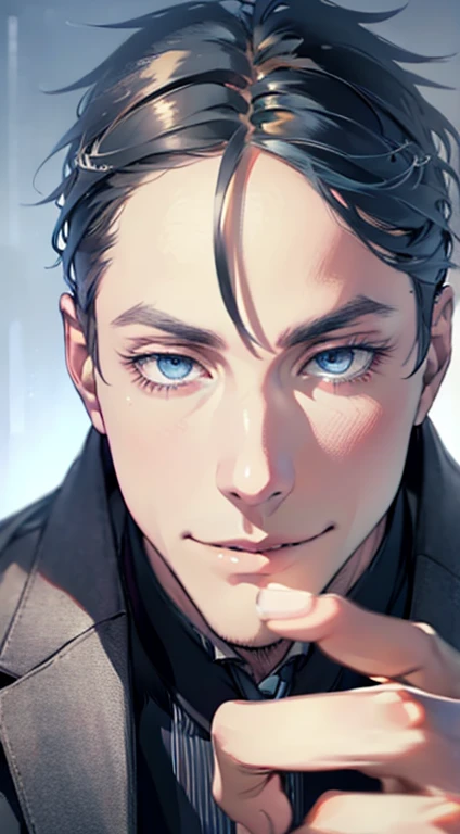 (best quality,4k,8k,highres,masterpiece:1.2),ultra-detailed,(realistic,photorealistic,photo-realistic:1.37),1 man,31 years old,mature man,very handsome,without expression,smile,short grey blue hair,blue eyes,penetrating gaze,perfect face without errors,imposing posture,businessman,office background,cinematic lighting,hdr image