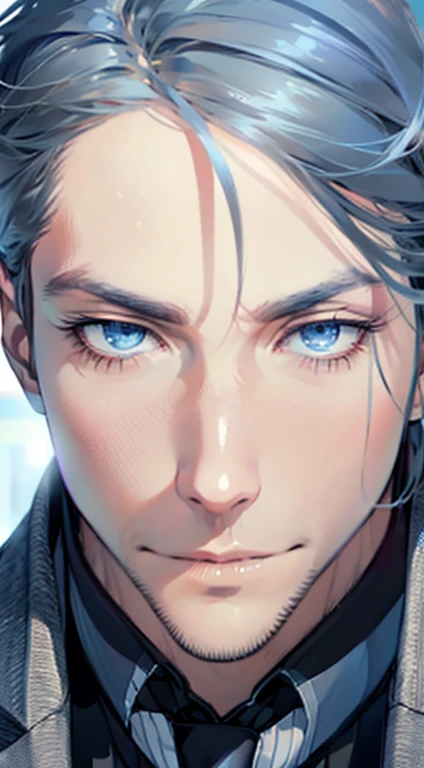 (best quality,4k,8k,highres,masterpiece:1.2),ultra-detailed,(realistic,photorealistic,photo-realistic:1.37),1 man,31 years old,mature man,very handsome,without expression,smile,short grey blue hair,blue eyes,penetrating gaze,perfect face without errors,imposing posture,businessman,office background,cinematic lighting,hdr image