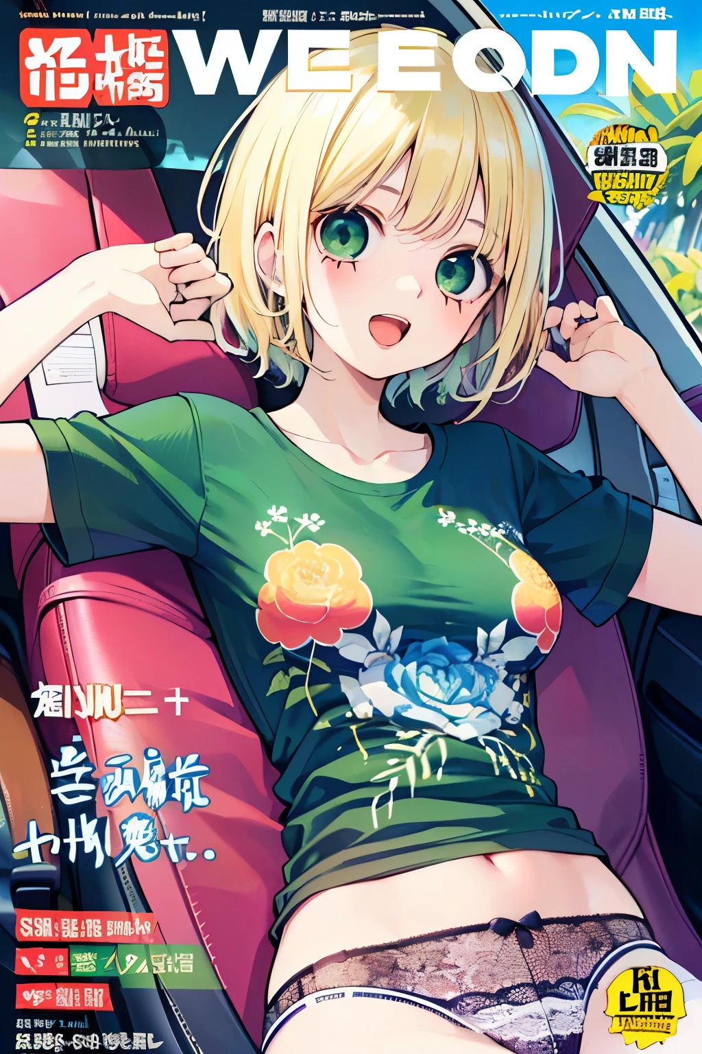 beautiful cute girl,((blonde hair:1.2)),(short hair:1.1),(Lightgreen eyes:1.2),(cute Lady:1.25),(Flower and plant print shirt summer clothes:1.2),((Magazine cover:1.0)),((lace:1.2)),(首を傾げる:1.3), (lie on back:1.15),(In a car:1.1),(open your mouth:1.1),(ecstatic expression:1.25).