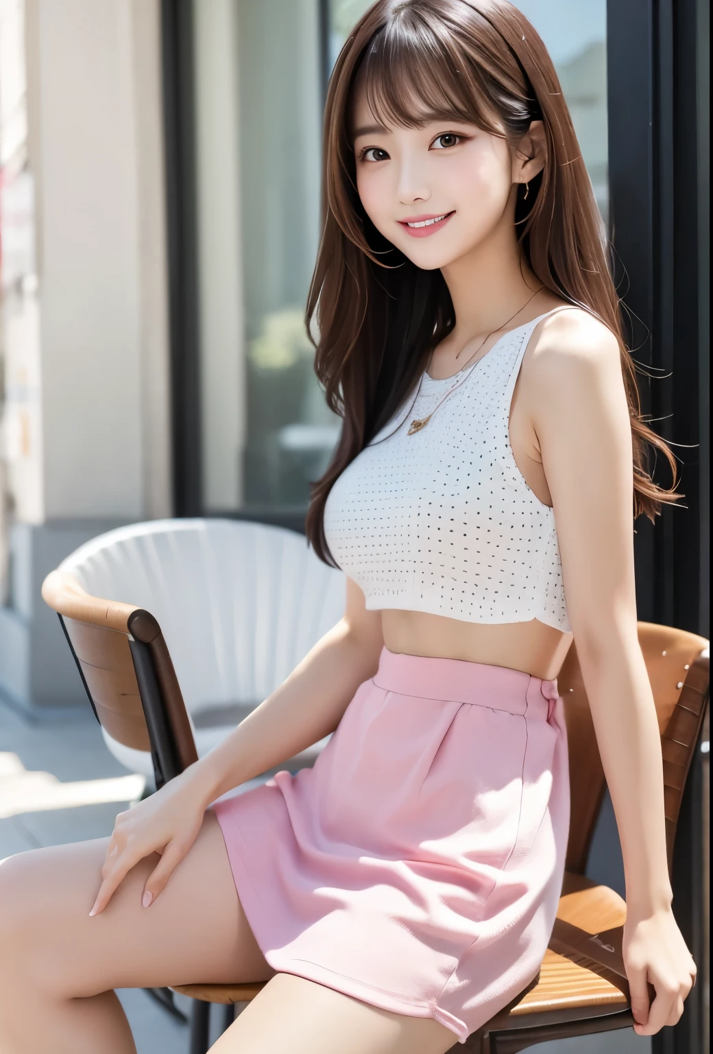 masterpiece、Highest quality、whole body、One Girl、bangs、Japanese、黒髪のLong Hair、Long Hair、Gazing at the audience、Dot pattern、Tank top、Cafe、Chair、smile、alone、Stylish woman、Pastel colored outfits、front、Luxury background elements、Confident expression、Modern and trendy、Fashion focused