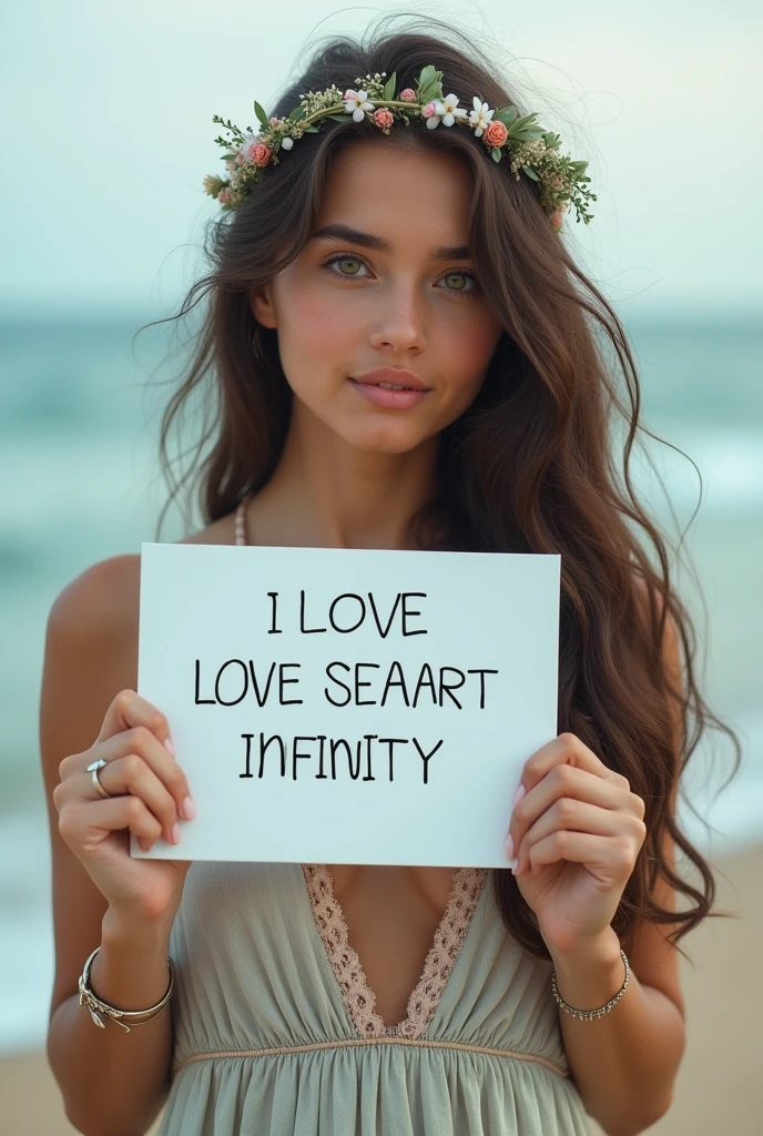 Beautiful girl with wavy long hair, bohemian dress, holding a white board with text "I Love Seaart Infinity" and showing it to the viewer