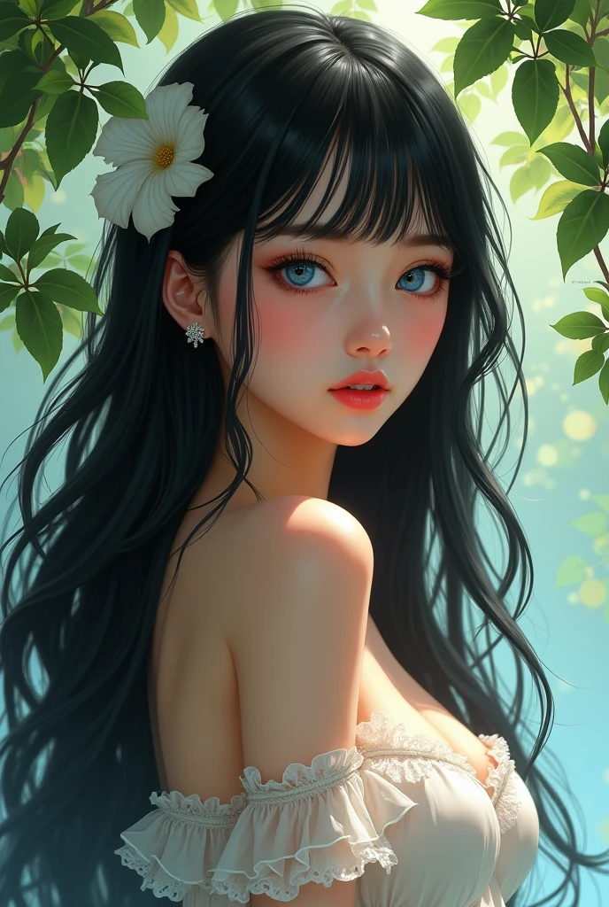 score_9, score8_up, detailed skin, long flowing hair, delicate facial features, detailed glossy eyes and pupils, detailed shinning natural hairs, detailed sharp nose, detailed white glistening teeth, perfect symmetrical face, detailed natural perfect breasts, graceful pose, soft lighting, artistic painting, vibrant colors, ethereal atmosphere, mesmerizing gaze, flawless complexion, enchanting beauty, surreal background, 1girl, solo, long hair, breasts, looking at viewer, bangs, blue eyes, black hair, dress, bare shoulders, closed mouth, upper body, outdoors, frills, day, looking back, tree, lips, clothing cutout, leaf, branch