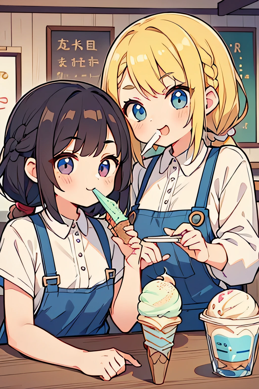 Highest quality、High resolution、Detailed Background、(Beautiful face in every detail:1.4)、Anatomically correct、(Normal number of fingers:1.4)、Detailed facial expressions、Detailed eyes、age beauty、Highly detailed face、cute hair color、Braided Ponytail、Braided bob cut、Braided twin tails、well-groomed eyebrows、A fun atmosphere、Cute Cafe、A big smile、smile、Cute gestures、
(Two beautiful girls eating ice cream in a coffee shop:1.5)、
、
Hot summer day、Girl holds ice cream、Pop it into your mouth、Love the sweet and sour taste、
Desperately licking to eat quickly、Don't melt in a hurry、The sight of people stuffing their cheeks with each bite、Occasionally sticking out his tongue to lick off the remaining ice cream、With big eyes showing joy, she says she wants to eat more.、The sight of him eating with fascination、cute