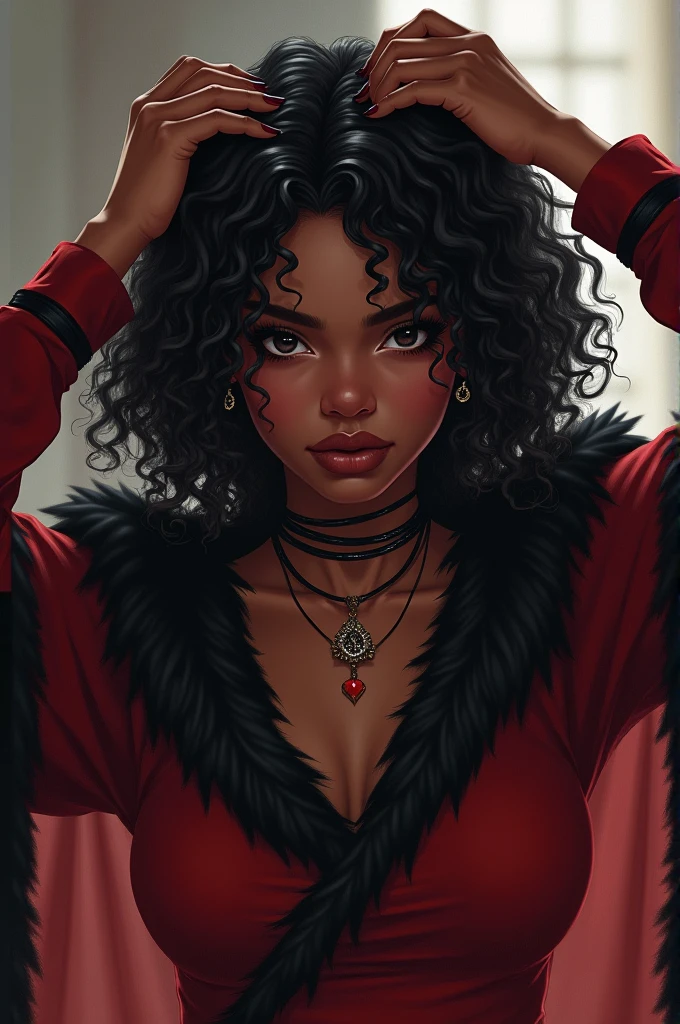 A woman with her hair up with an accessory putting her hair up,with black hair,de brown skin,a short woman,with small eyes,Digital,imagen ia Digital,black fur,brown skin,with a dark red demon hunter clothing,with black brown eyes,with wide and large lips,curly hair