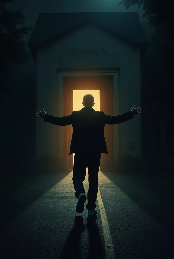 The pointing hands of a man walking down a dark road with a lighted door in front of him