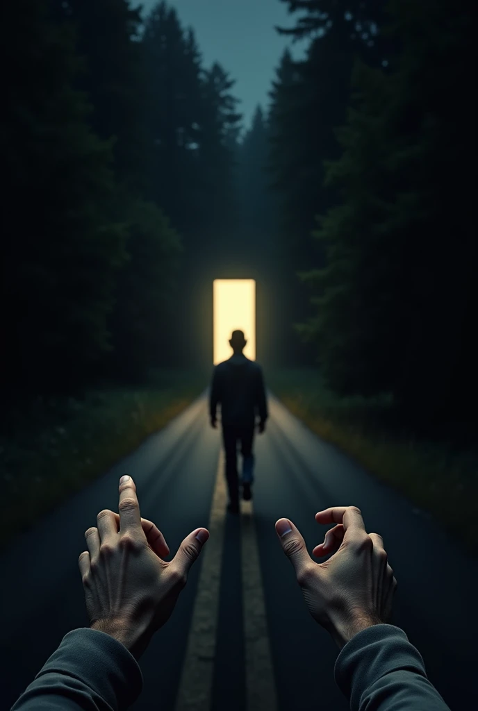 The pointing hands of a man walking down a dark road with a lighted door in front of him