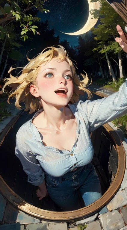 absurd res, high res, (masterpiece:1.4), ultra-detailed, 1girl, from above, space, floating gopro shot of the hell, gopro photo, shot with a gopro, extreme low angle shot, flying towards the camera, gopro shot, high quality action photography, low - angle go - pro view masterpiece, realistic, 8k, (1woman:1.3), european, hazelnut green eyes, white shirt, (blonde hair:1.1) , short-cut,(buzz-cut:1.1),1girl in,((:D))、Obra maestra, La mejor calidad, Lucha por la nube, Armadura de hombro, cuello de tortuga sin mangas, tirantes, beltt, pantalones holgados, Guantes, Bracer, Botas, sentada, molino de viento, Cielo, nubes, god rays, UHD, masterpiece, ccurate, anatomically correct, super detail, award winning, best quality, high details, high quality,A fractal art representation of a woman in a sophisticated suit, holding a crescent moon in one hand and a radiant sun in the other, all rendered in the intricate, repeating patterns characteristic of fractal art. The scene is set against a backdrop of night, yet the fractal patterns create a mesmerizing blend of light and darkness, moonlight and sunlight. The woman's figure and the celestial bodies she holds are composed of countless smaller, self-similar shapes, creating a complex and captivating visual. The fractal patterns extend into the background, suggesting a garden or forest clearing, but with the trees and foliage also formed by the mesmerizing fractal designs. The overall effect is one of stunning complexity and beauty, with the fractal art adding a magical and surreal quality to the scene.beautiful fingers,beautiful hands,fingertip,nail,arms behind ba