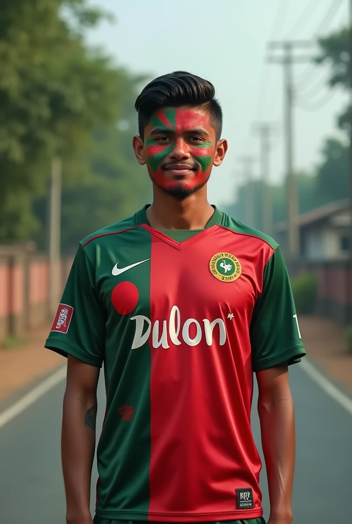 A 19 Year old boy in front of the Bangladeshi road on the back wearing the Jersey of Bangladesh. The Jersey has Name Dulon written in English and the Face are covered in red color flag.