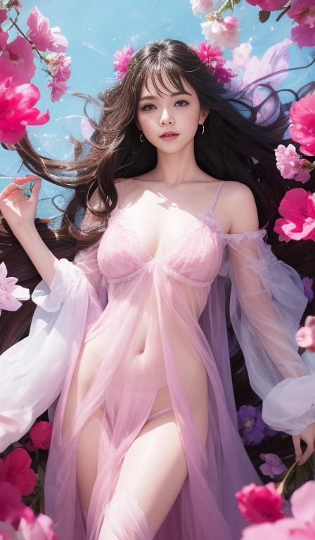 1girl in、florals、Lisianthus、See-through pale pink and lace、See-through in bright azure style、dreamy and romantic compositions、white colors、Ethereal leaves、Playful placement、Fantasia、highly contrast、Ink strokes、explosions、over exposure、Purple and red tone impression、Abstract、(Watercolors by John Barkey and Jeremy Mann))brushstrokes、negative space、see -through、Sheer clothing、Wet clothes、Wet hair、Sheer feeling、wetted skin、Navel Ejection、Dynamic Posing、Translucent clothing、Dynamism、