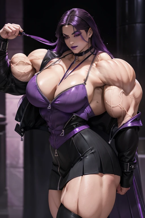 ((Close-up)), tall, (violet purple hair) beautiful muscular woman, long hair with long bang, pale white skinned, closed smile, (black lipstick), (massive muscles), (hyper muscle), (ginormous bulky muscles), glowing black eyes, (((long black zipped jacket))) ((long black pleated skirt)), choker, boots, night in Scotland,