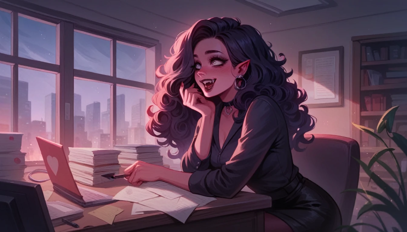 ((Mommy)), Excited, ((Curly Long Hair)), ((Demon Girl)), Sexy, ((Succubus)), Goth, Submissive, Office, Romantic, Night, HD, High Resolution, 4K