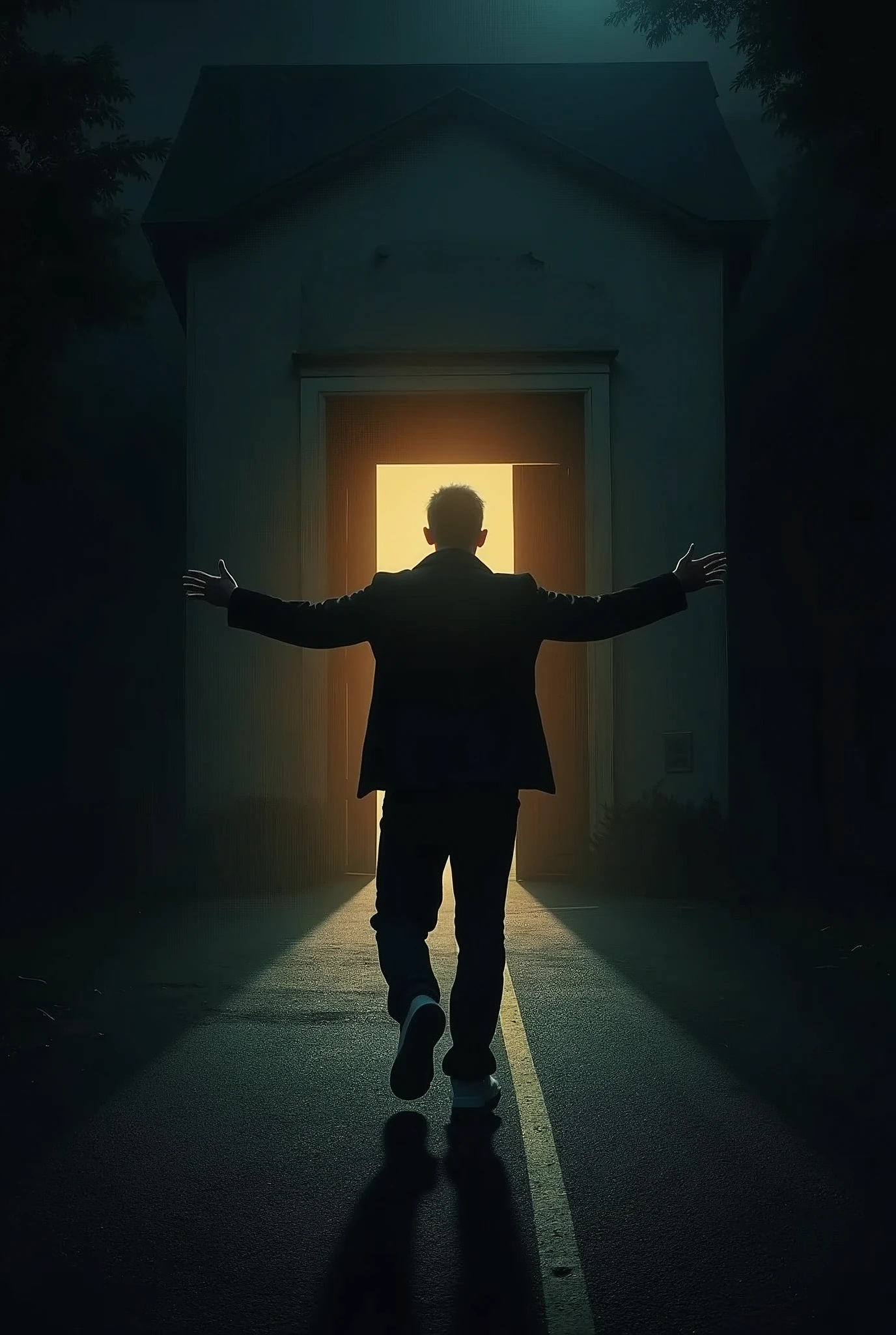 The pointing hands of a man walking down a dark road with a lighted door in front of him