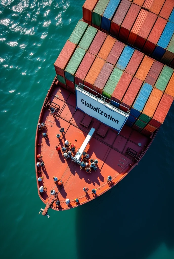 A group of workers carry a poster with the word "Globalization" on it on a cargo ship,Aerial view taken by drone