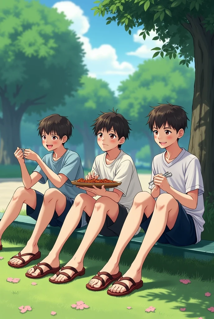 Boys，short hair，Shredded Pork，High-heeled sandals，in the park，Keep your legs together，双腿斜坐in the park，Everyone watched